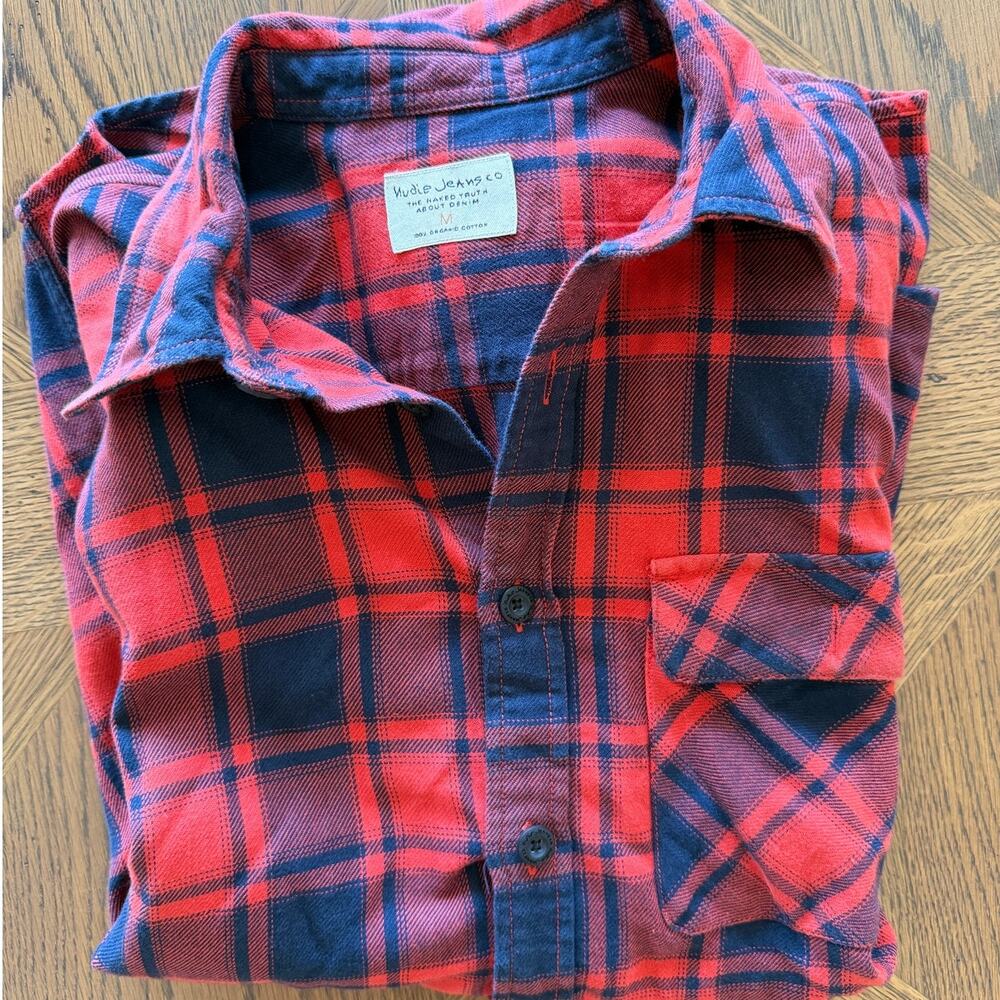 Nudie Jeans Mens M Red Navy Plaid Flannel Button Up Shirt